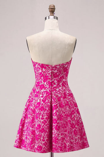 Fuchsia Floral Strapless A Line Mini Homecoming Dress